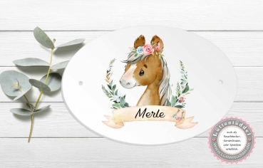 Preview: zauberhaftes ovales Türschild Fohlen Ponny mit Wunschname, Kinderzimmer, - zur Einschulung, Geburtstag, Taufe, Lüttentüddel®